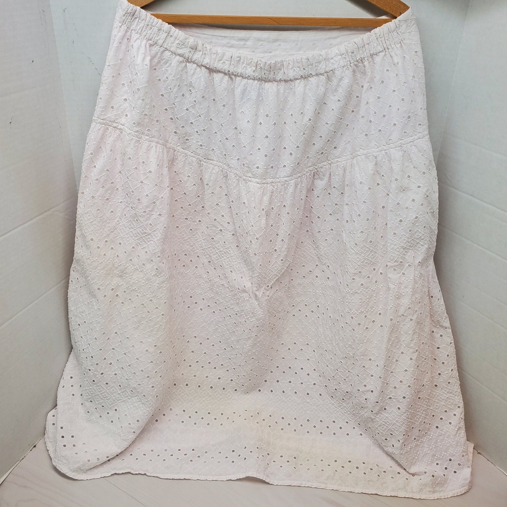 Old Navy White‎ Eyelet Cotton Tiered Midi Skirt XL Elastic Waist Boho Lined